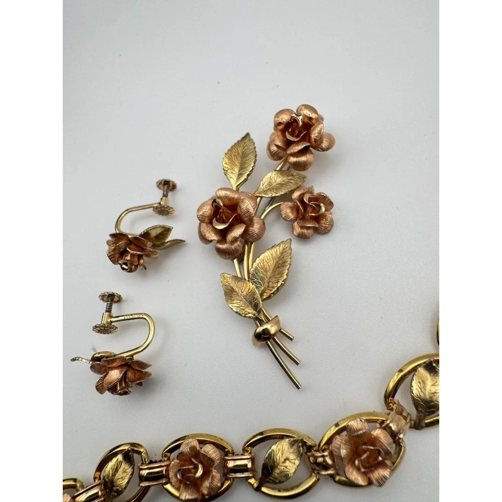 Vintage Krementz Bracelet Brooch Earrings Set Two Tone Rose